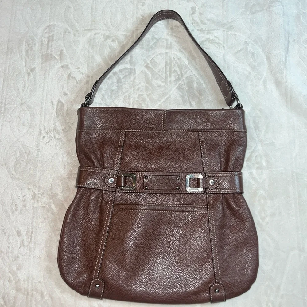 Tignanello Leather Bucket Handbag Shoulder Bag Purse Brown